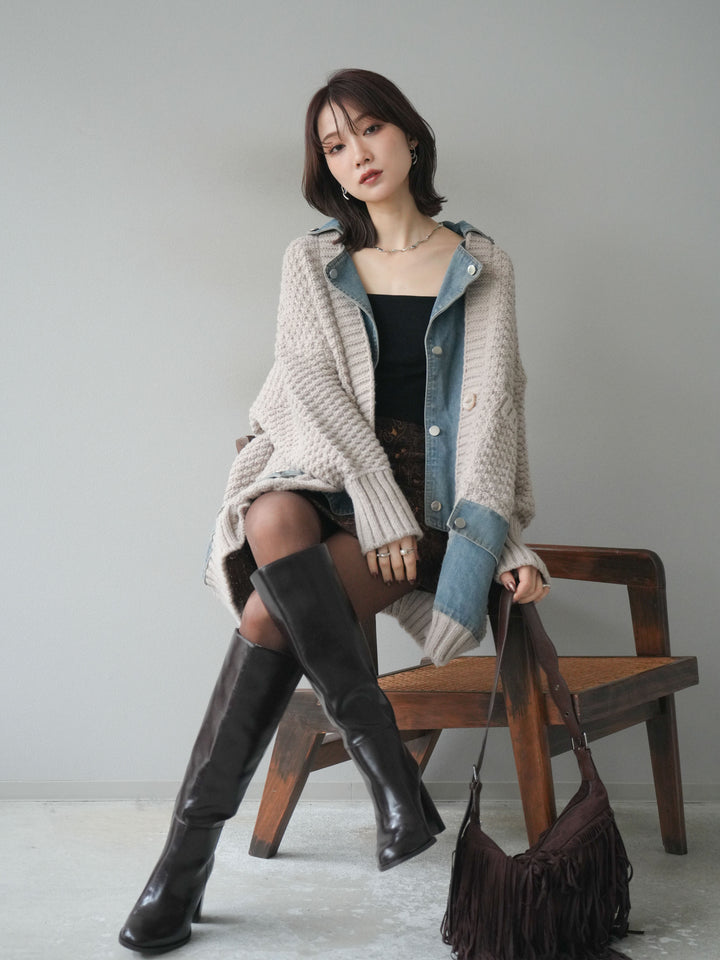 [予約]デニム襟レイヤードニットジャケット/greige