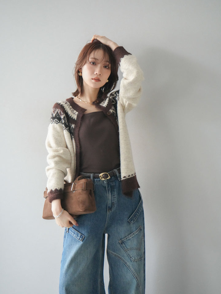 [SET]ノルディック柄ニットカーディガン+ペインターカーブデニムパンツ(2set)