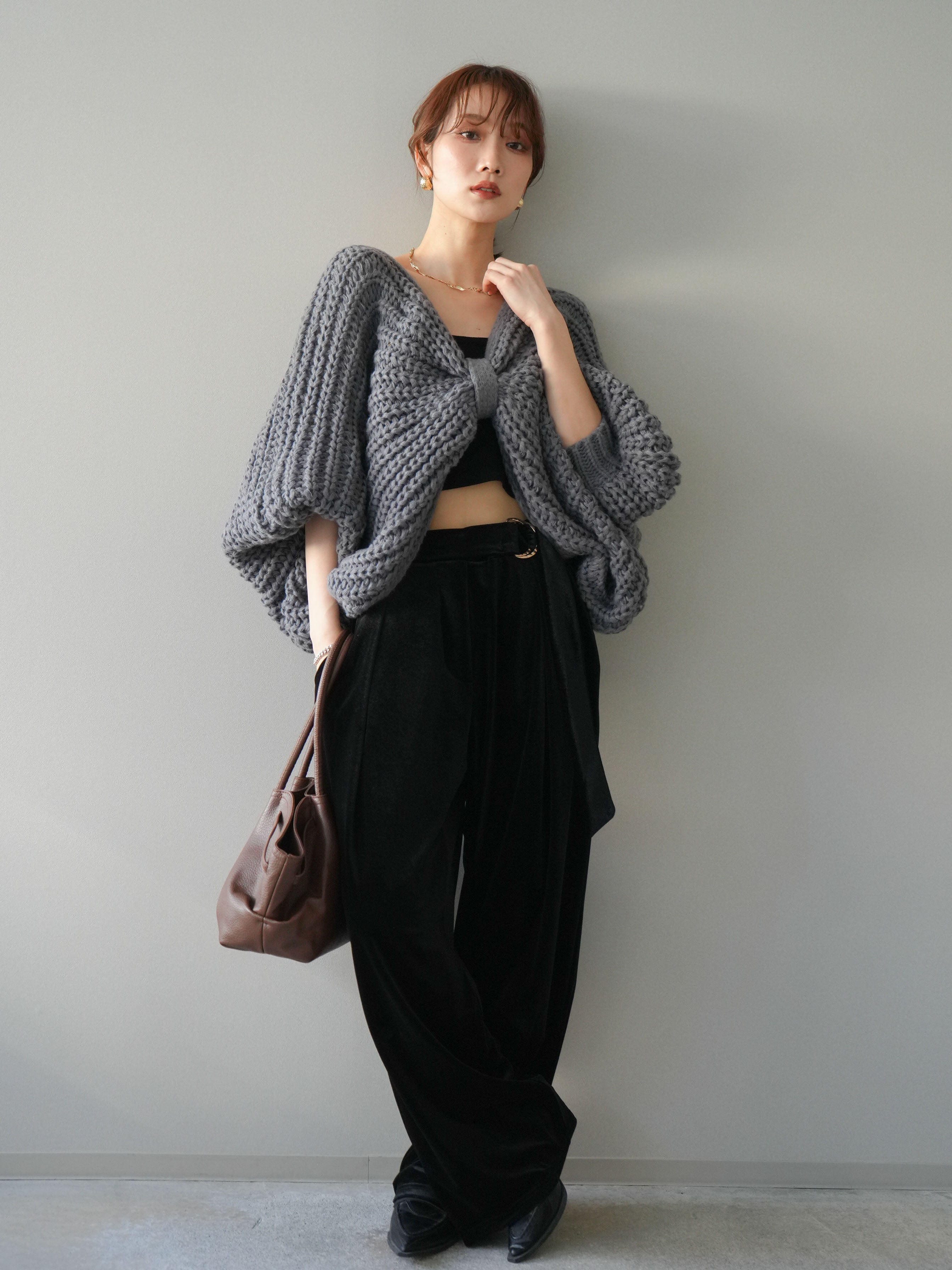 SET]ローゲージ畦編みドルマンニットボレロ+ベロアベルトスリムパンツ