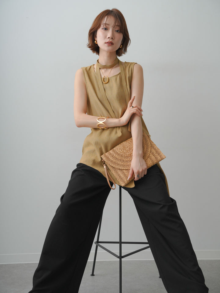 [SET]タイ付アシメヘムノースリトップス+リラックスドレープスウェットパンツ(2set)