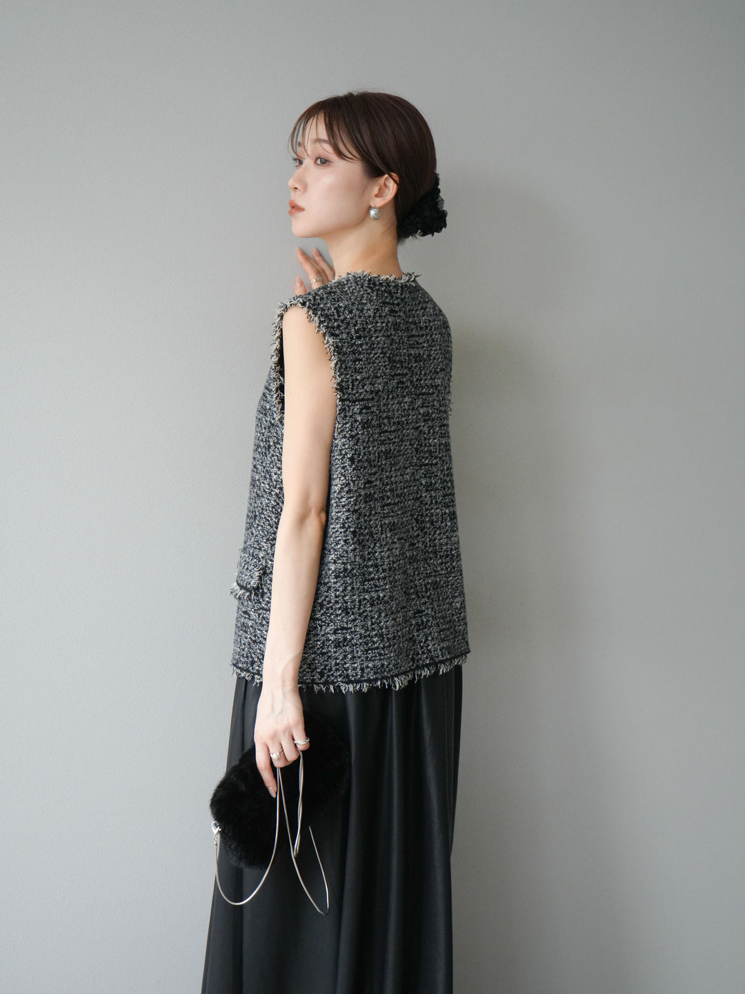 [予約]ミックスツイードフリンジニットベスト/ブラック