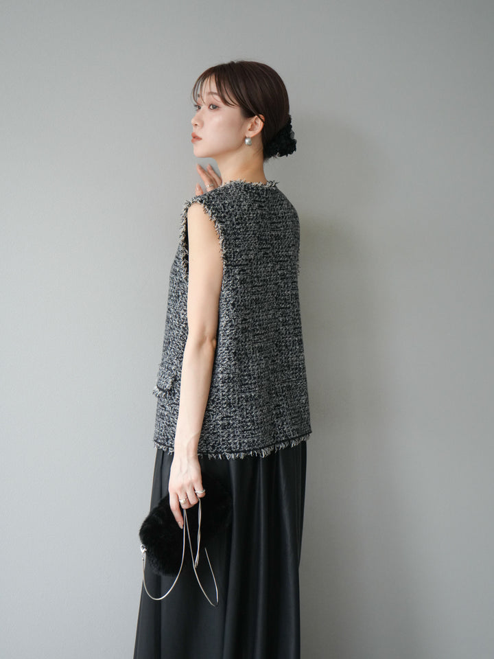 [予約]ミックスツイードフリンジニットベスト/ブラック