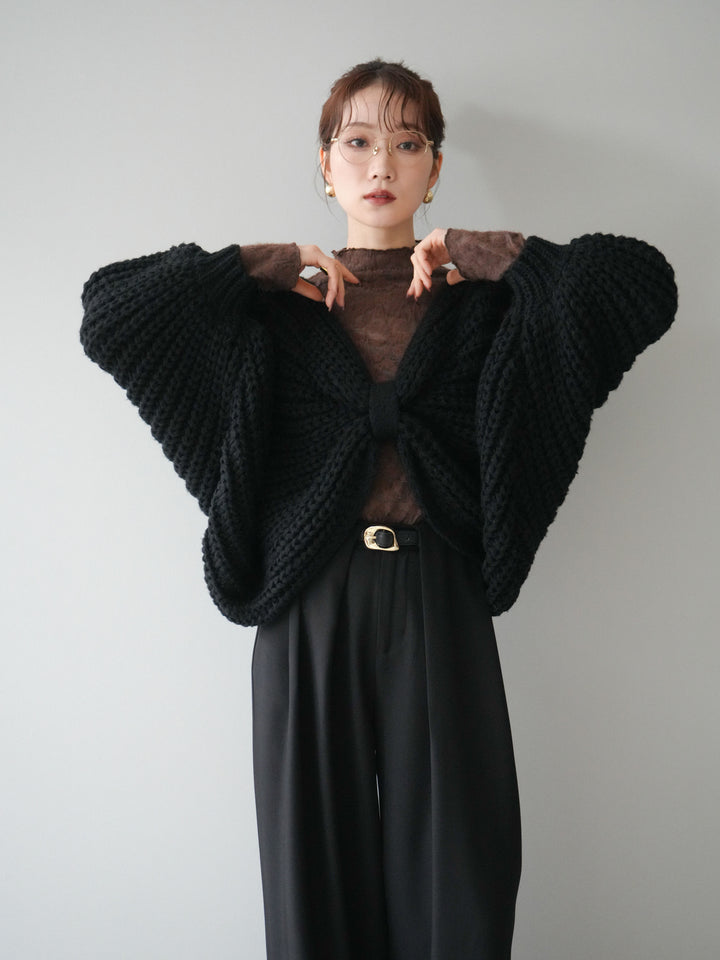 [SET]ローゲージ畦編みドルマンニットボレロ+起毛レースプチネックトップス+ベルトループデザインワイドパンツM(3set)
