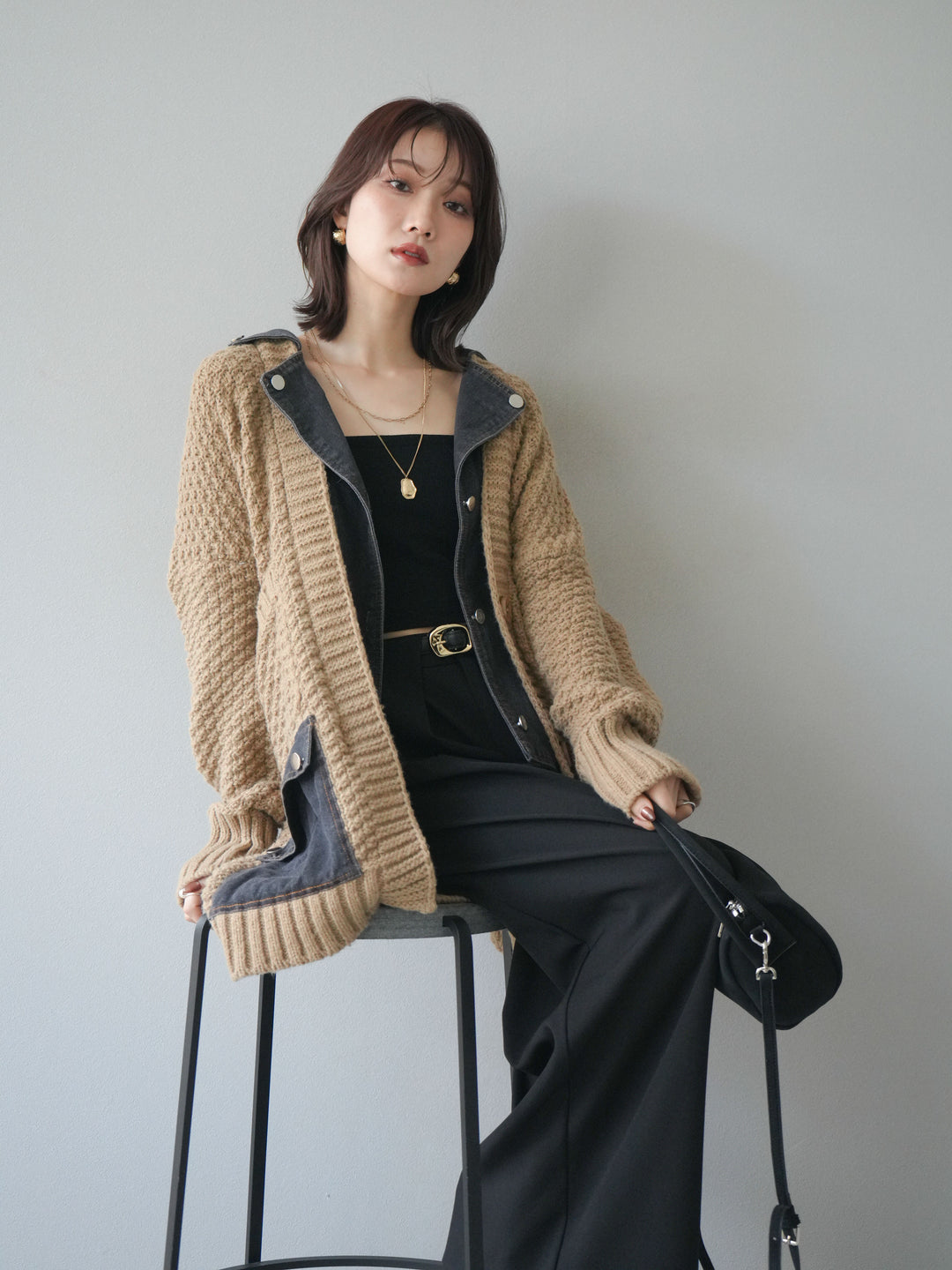 [SET]デニム襟レイヤードニットジャケット+ベルトループデザインワイドパンツ(2set)