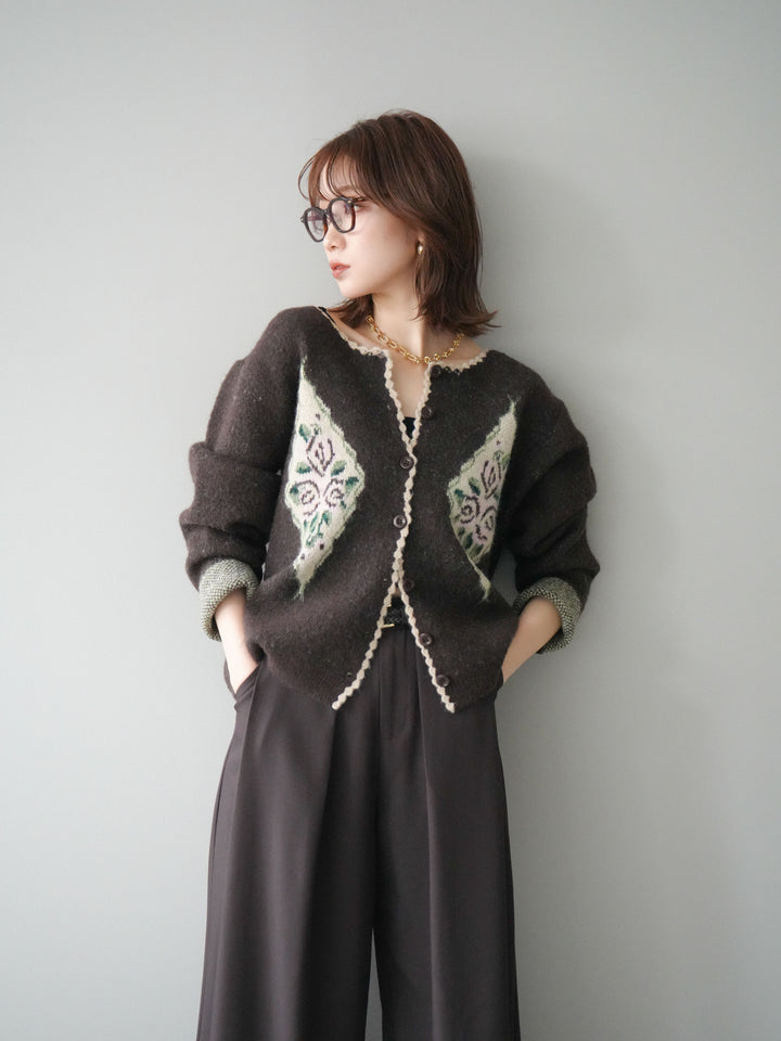 [予約]アンティークフラワージャガードニットカーディガン/brown