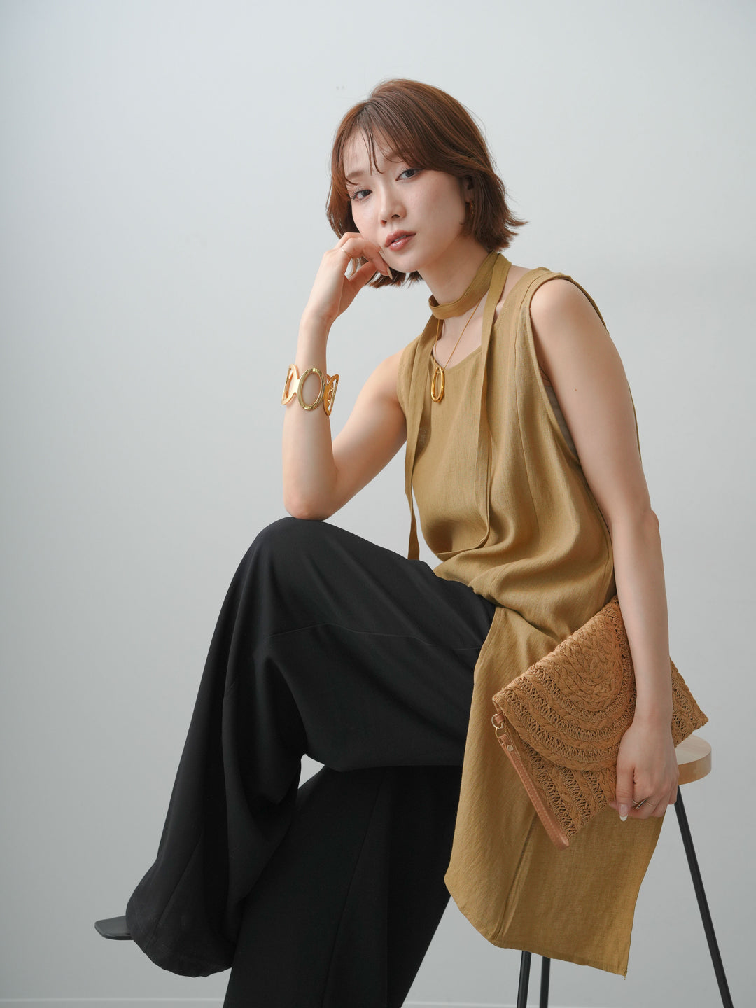 [SET]タイ付アシメヘムノースリトップス+リラックスドレープスウェットパンツ(2set)