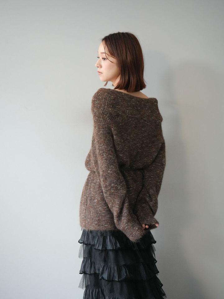 [予約]ミックスヤーンオフショルルーズニットプルオーバー/ブラウン