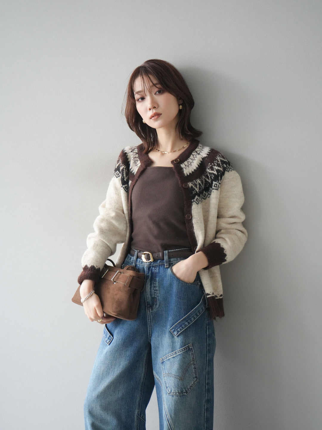 [SET]ノルディック柄ニットカーディガン+ペインターカーブデニムパンツ(2set)