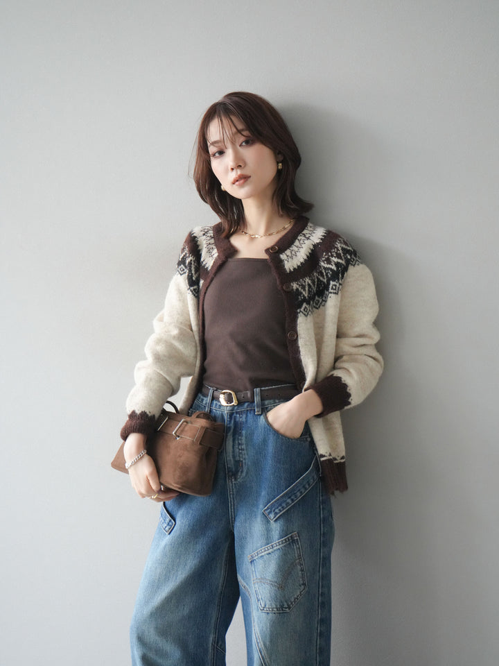 [SET]ノルディック柄ニットカーディガン+ペインターカーブデニムパンツ(2set)