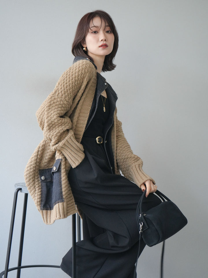 [予約]デニム襟レイヤードニットジャケット/beige