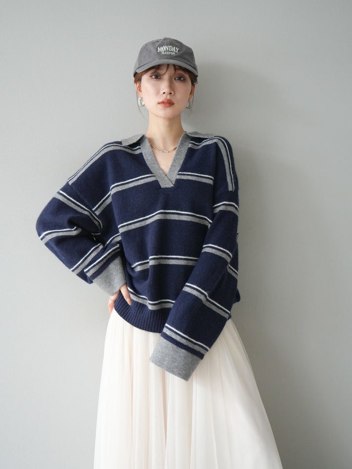 [SET]ポロ襟スキッパーボーダーニットプルオーバー+チュールボリュームスカート(2set)