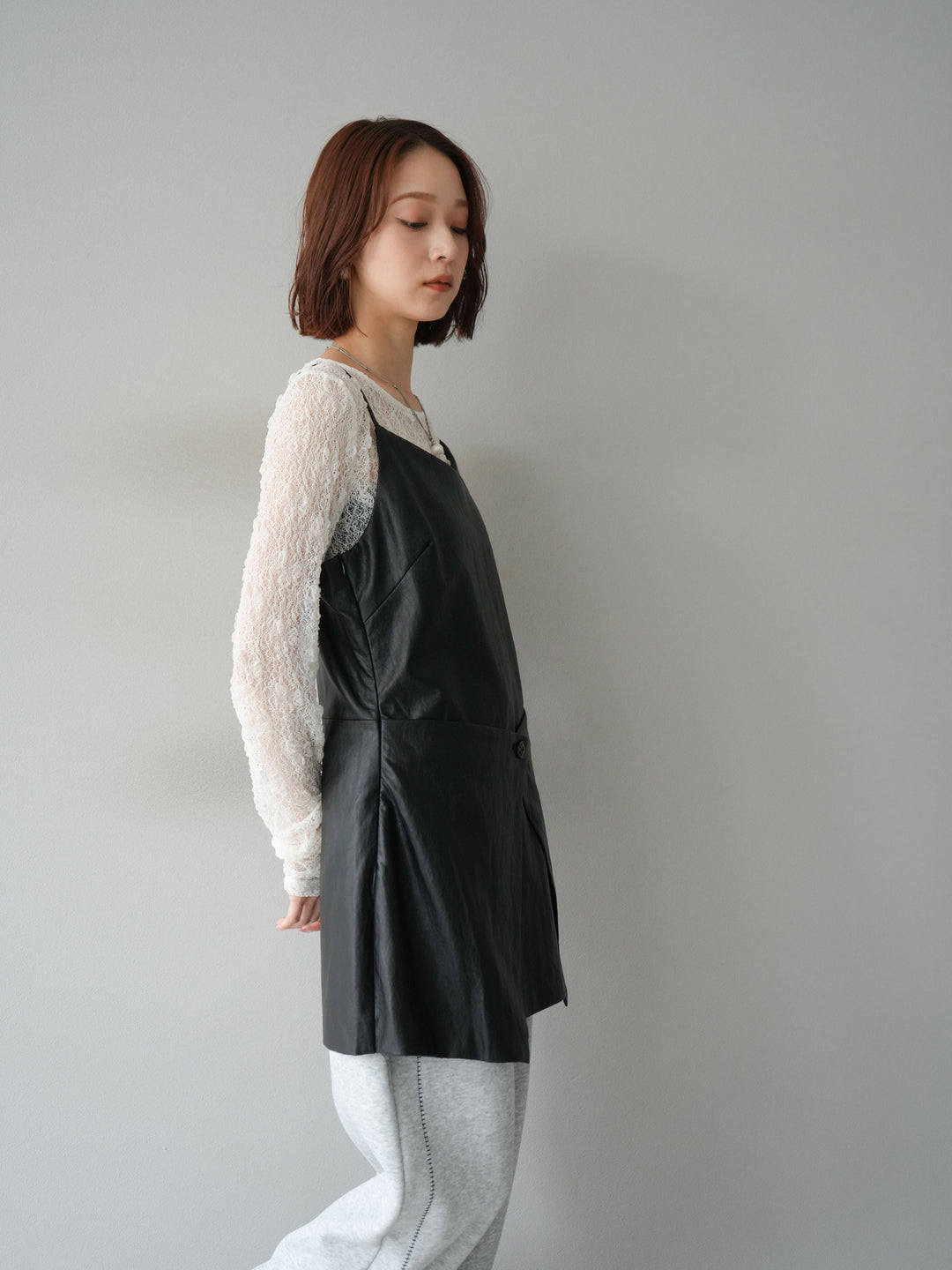[予約]レイヤードレザーキャミソールチュニック/ブラック