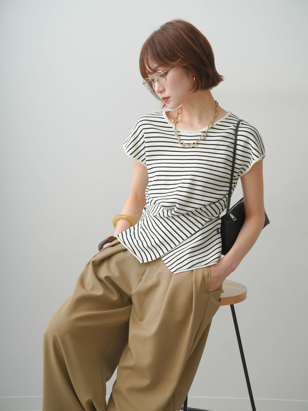 [SET]ヘムクロスデザインニット+クレープデシンタックワイドパンツ(2set)