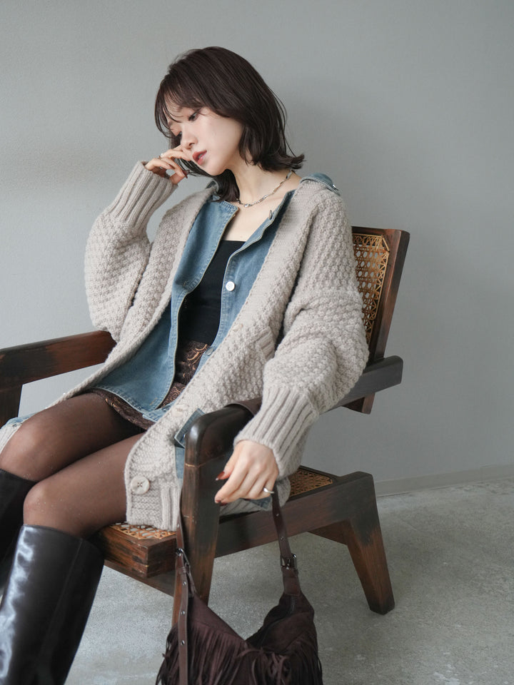 [予約]デニム襟レイヤードニットジャケット/greige