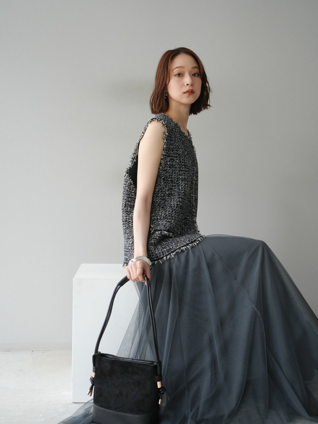 [予約]ミックスツイードフリンジニットベスト/ブラック