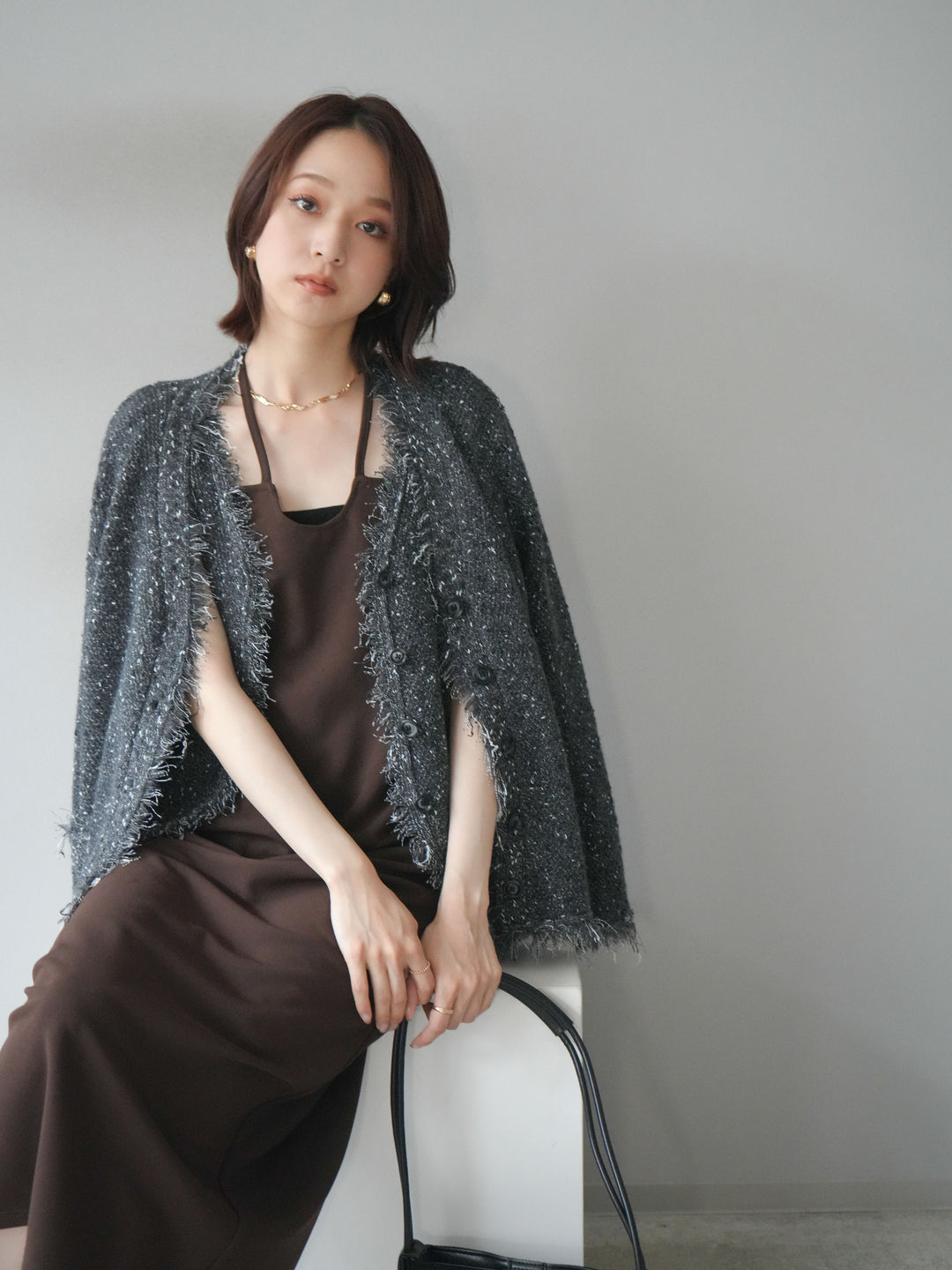 [予約]ネップフリンジニットカーディガン/ gray