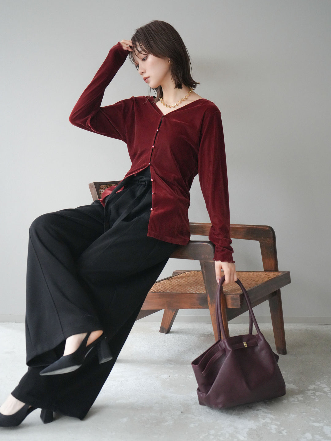[予約]ベロアカーディガン/bordeaux