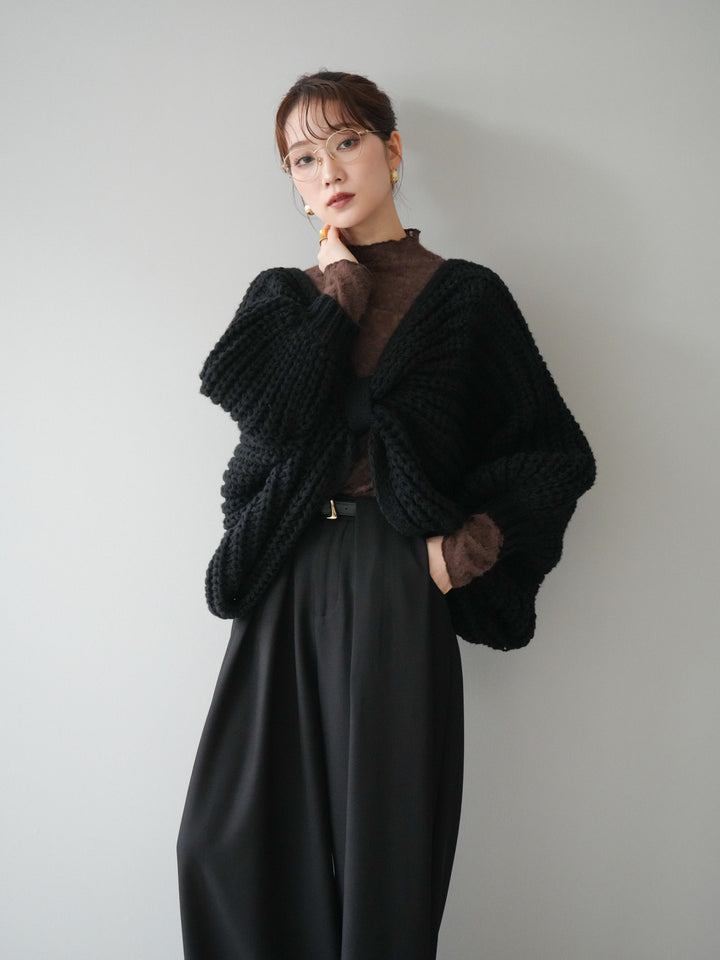 [SET]ローゲージ畦編みドルマンニットボレロ+起毛レースプチネックトップス(2set)