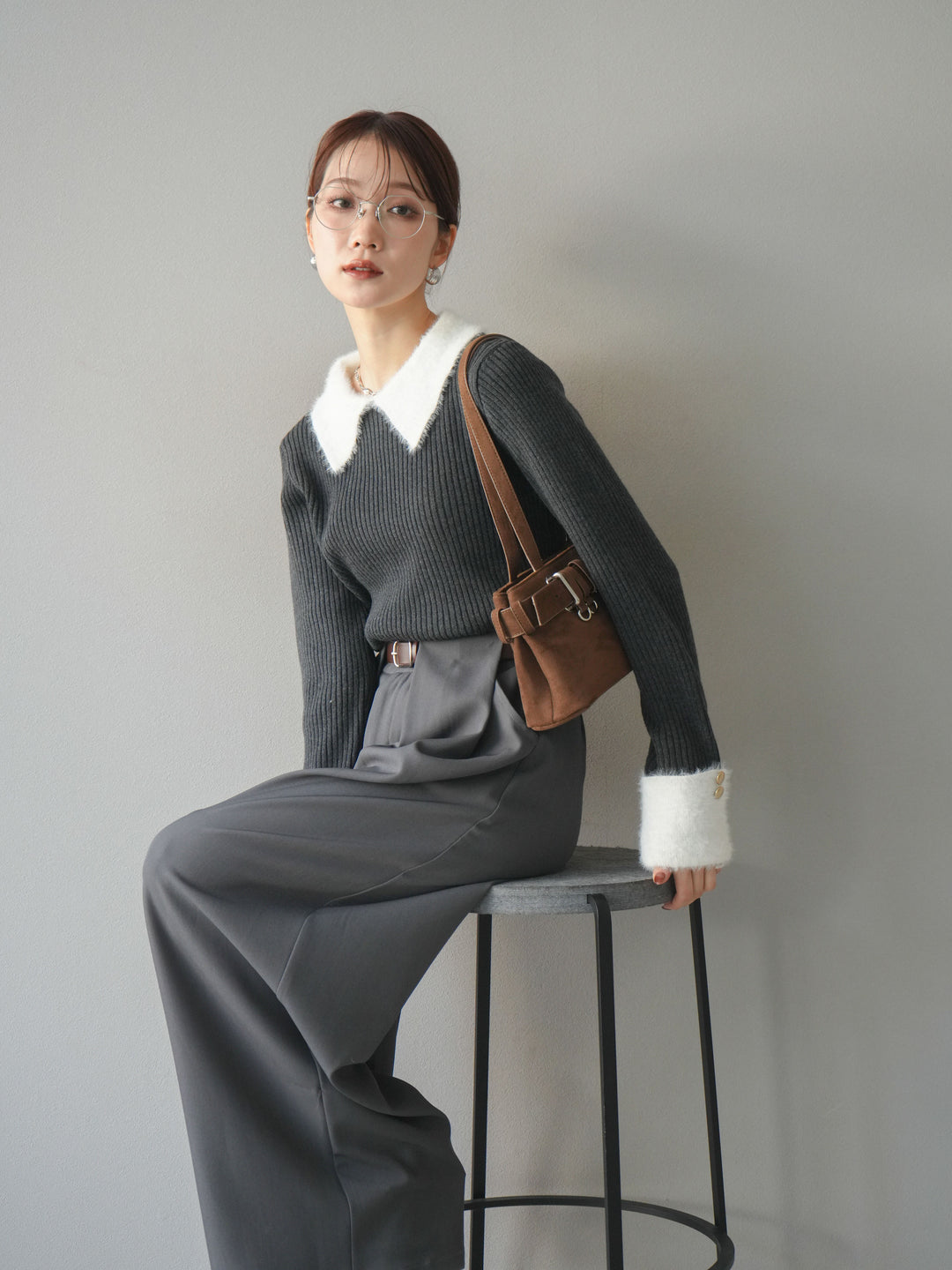 [SET]シャギー襟リブニットトップス+ベルトループデザインワイドパンツ(2set)