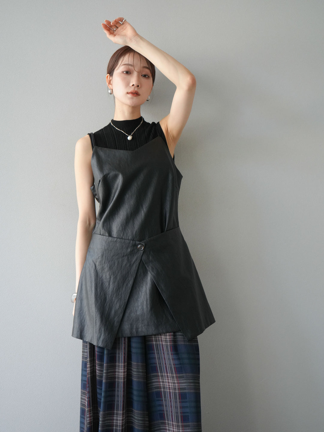 [予約]レイヤードレザーキャミソールチュニック/ブラック