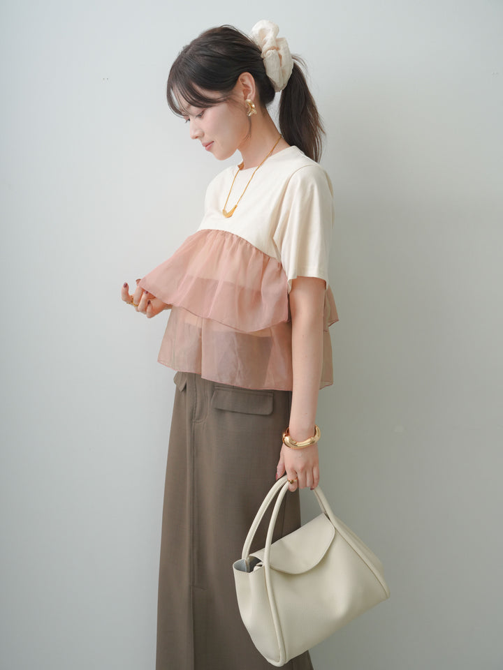 [SET]オーガンジーフリルドッキングTEE+クレープデシンフラップ付きストレートスカート(2set)
