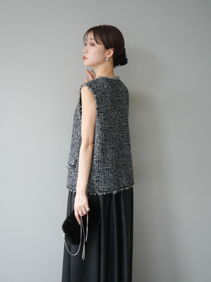 [予約]ミックスツイードフリンジニットベスト/ブラック