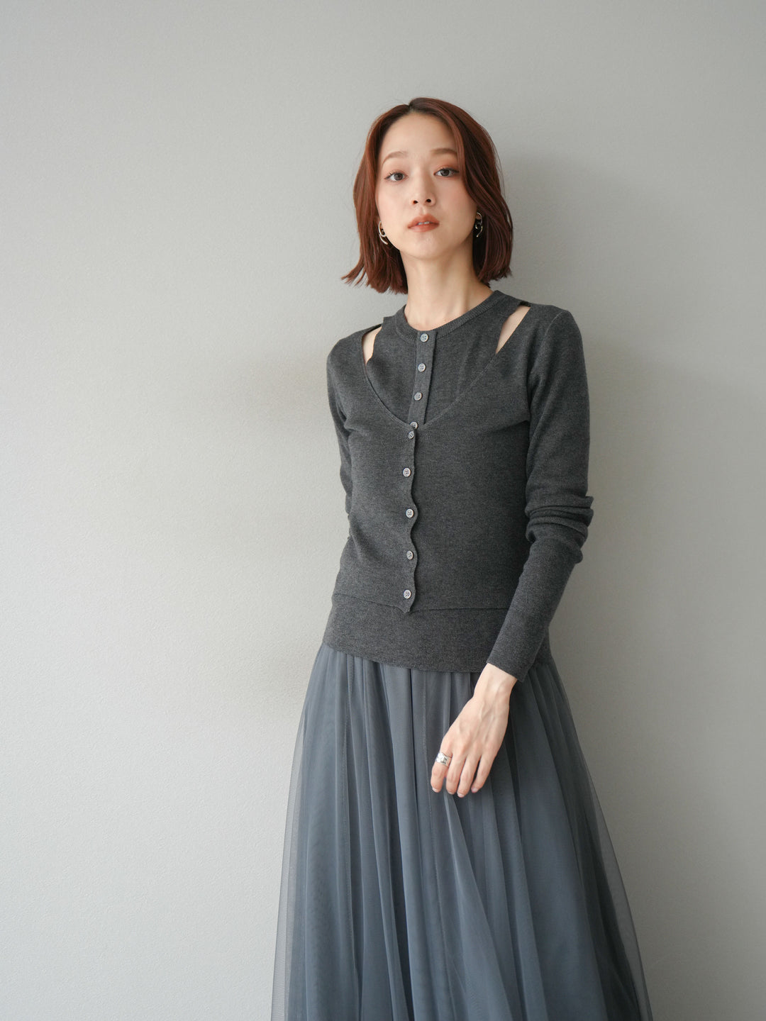 [予約]レイヤードデザインニットカーディガン/チャコール