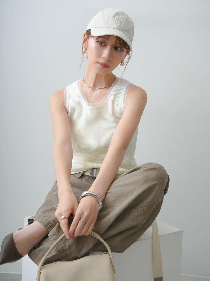 [SET]チュールトリムリブニットタンクトップ+ウォッシュタックカーブパンツ(2set)