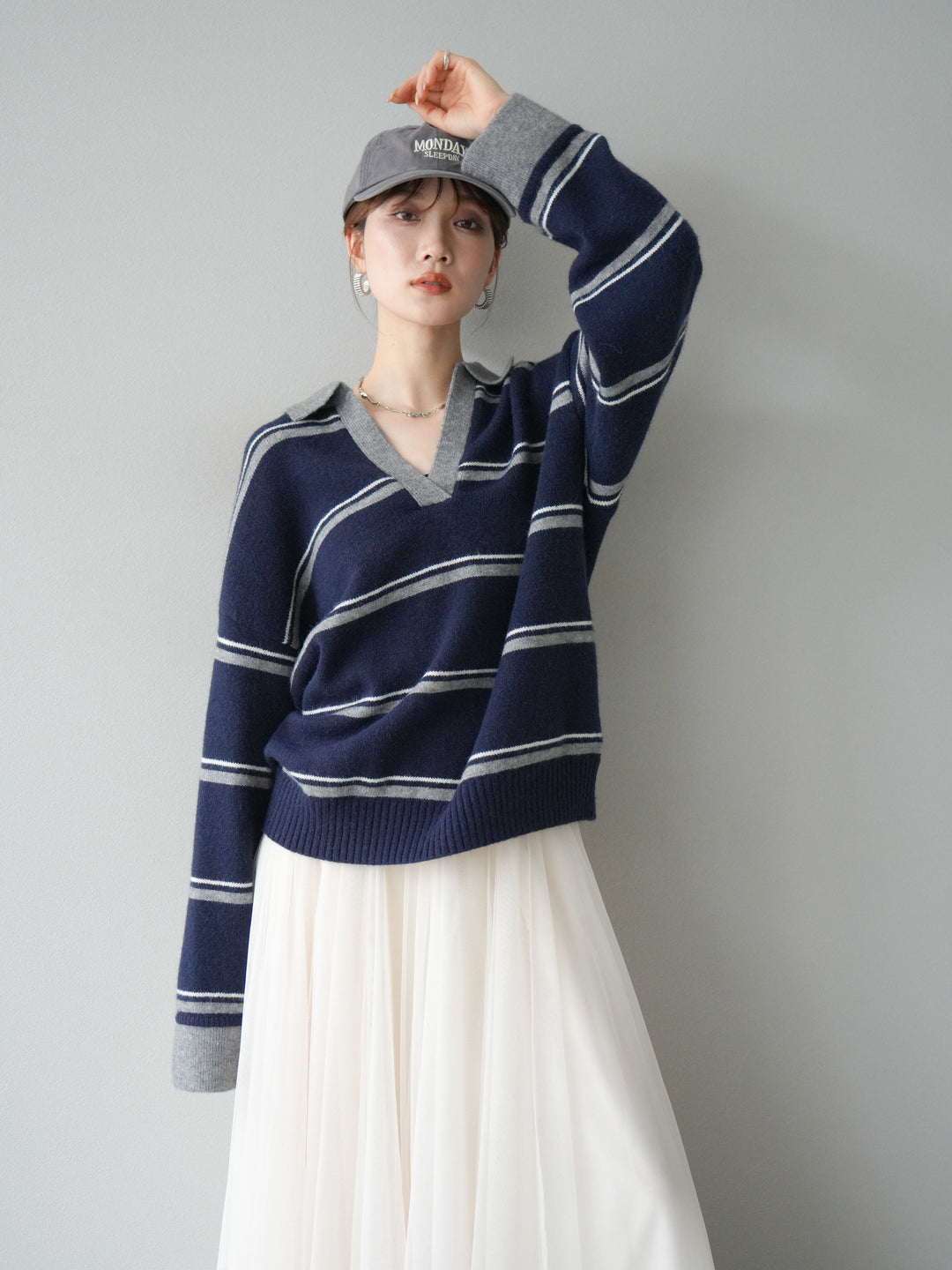 [SET]ポロ襟スキッパーボーダーニットプルオーバー+チュールボリュームスカート(2set)