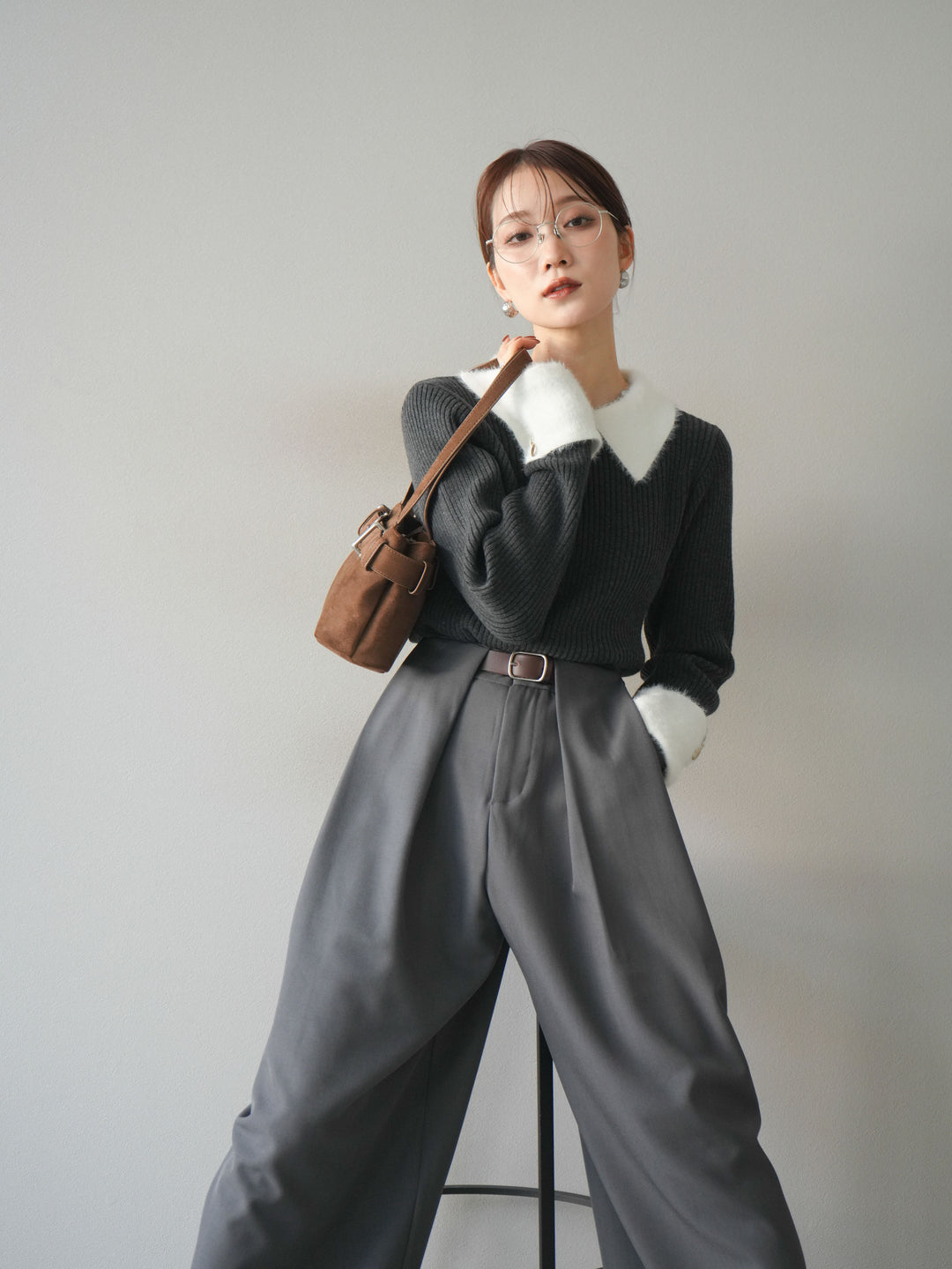 [SET]シャギー襟リブニットトップス+ベルトループデザインワイドパンツ(2set)