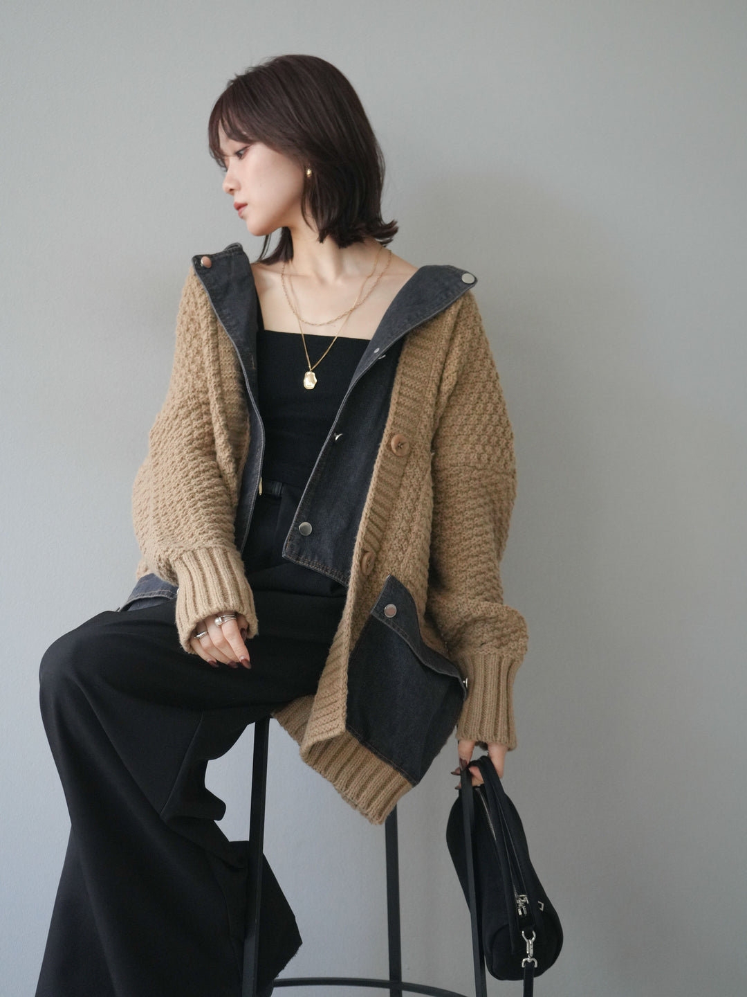 [予約]デニム襟レイヤードニットジャケット/beige