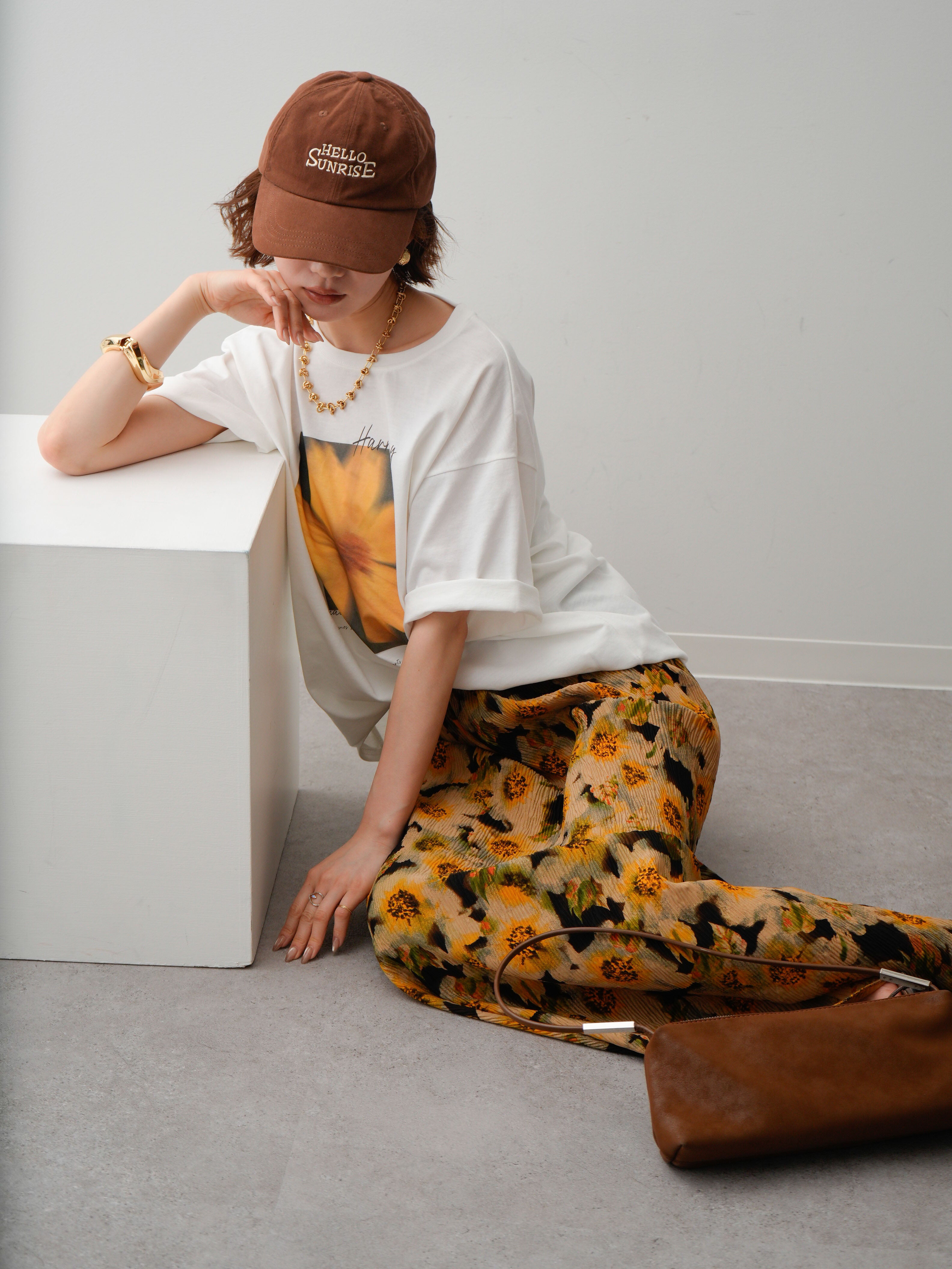 SET]フラワーフォトTEE+フラワープリントIラインギャザースカート(2set