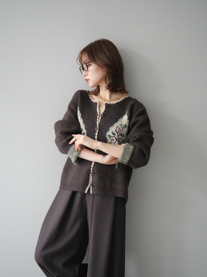 [予約]アンティークフラワージャガードニットカーディガン/brown