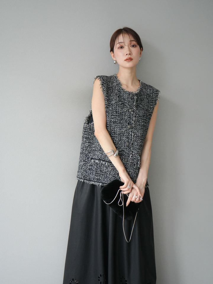[予約]ミックスツイードフリンジニットベスト/ブラック