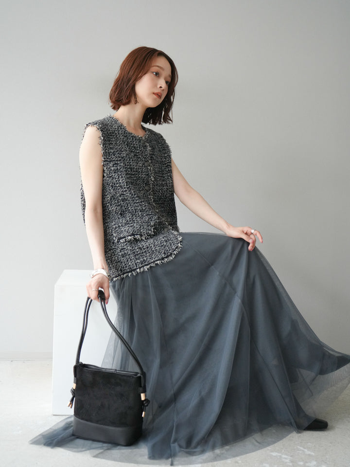 [予約]ミックスツイードフリンジニットベスト/ブラック