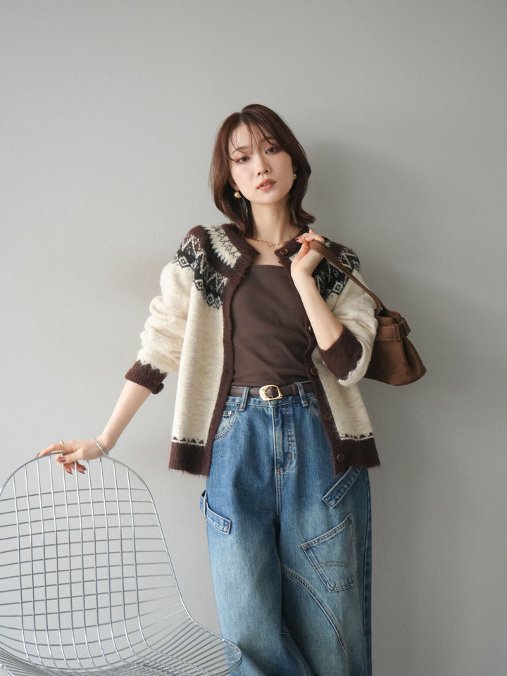 [SET]ノルディック柄ニットカーディガン+ペインターカーブデニムパンツ(2set)