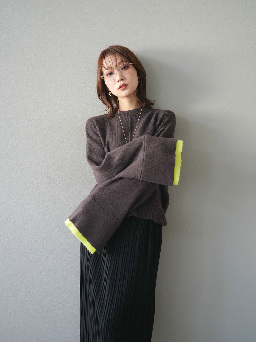 [予約]袖レイヤード配色ニットプルオーバー/brown