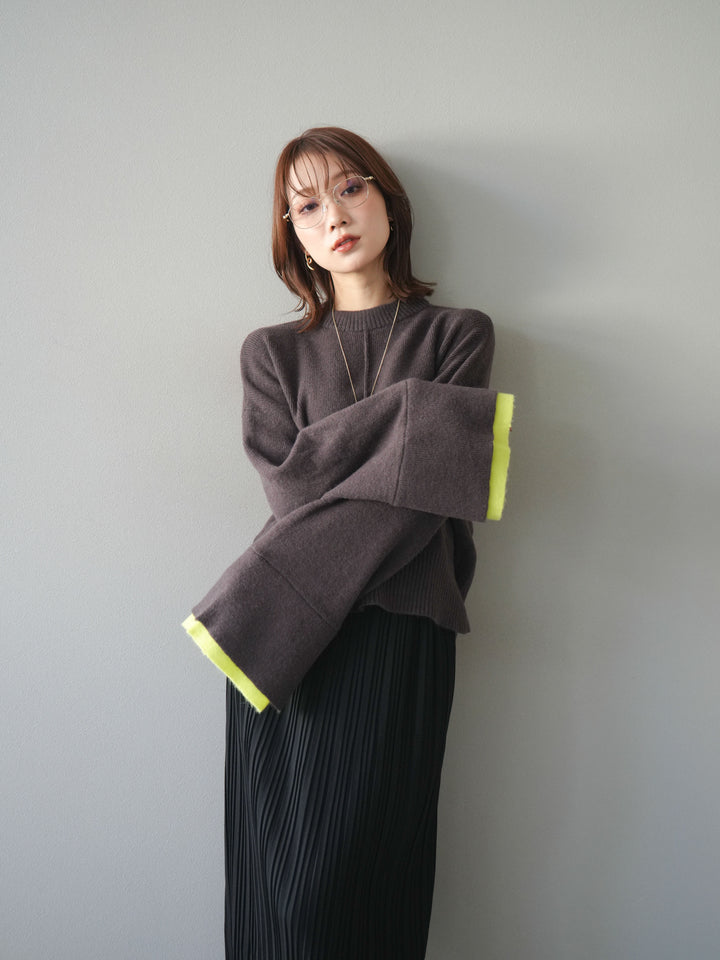 [予約]袖レイヤード配色ニットプルオーバー/brown