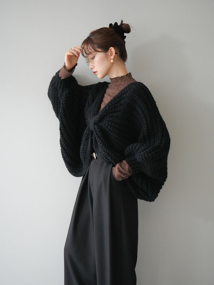 [SET]ローゲージ畦編みドルマンニットボレロ+起毛レースプチネックトップス(2set)