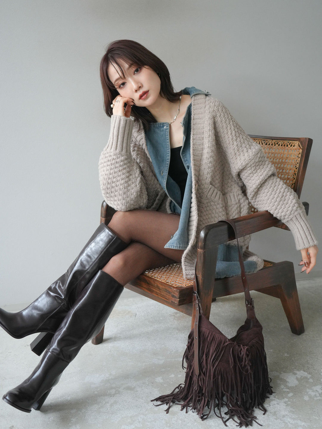 [SET]デニム襟レイヤードニットジャケット+デニム襟レイヤードニットジャケット(2set)