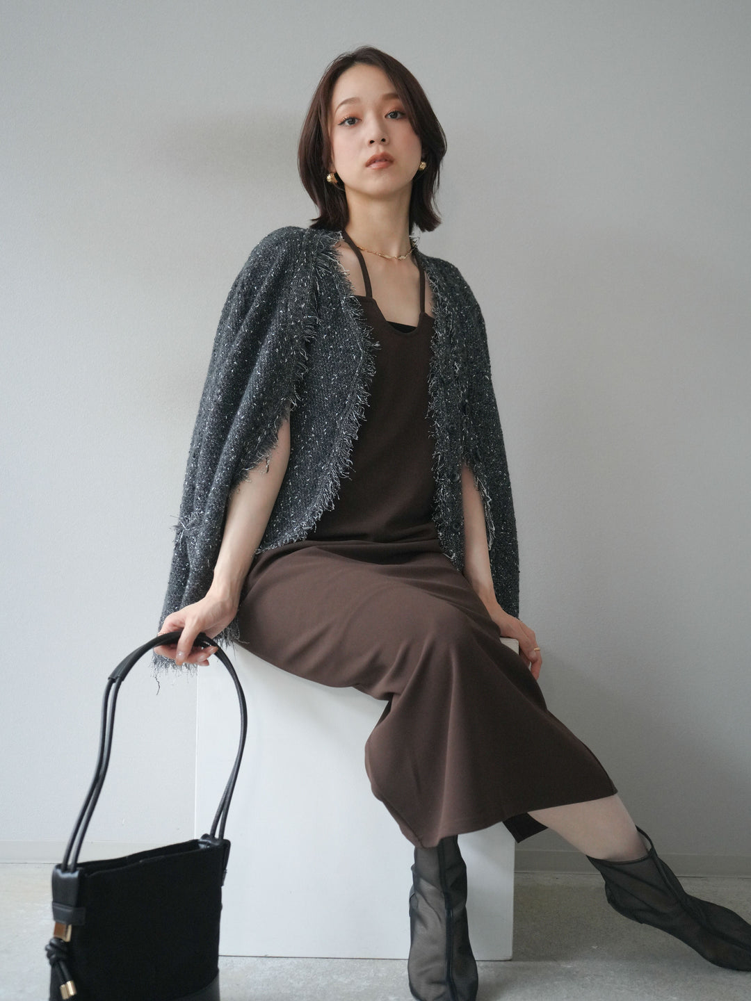 [予約]ネップフリンジニットカーディガン/ gray