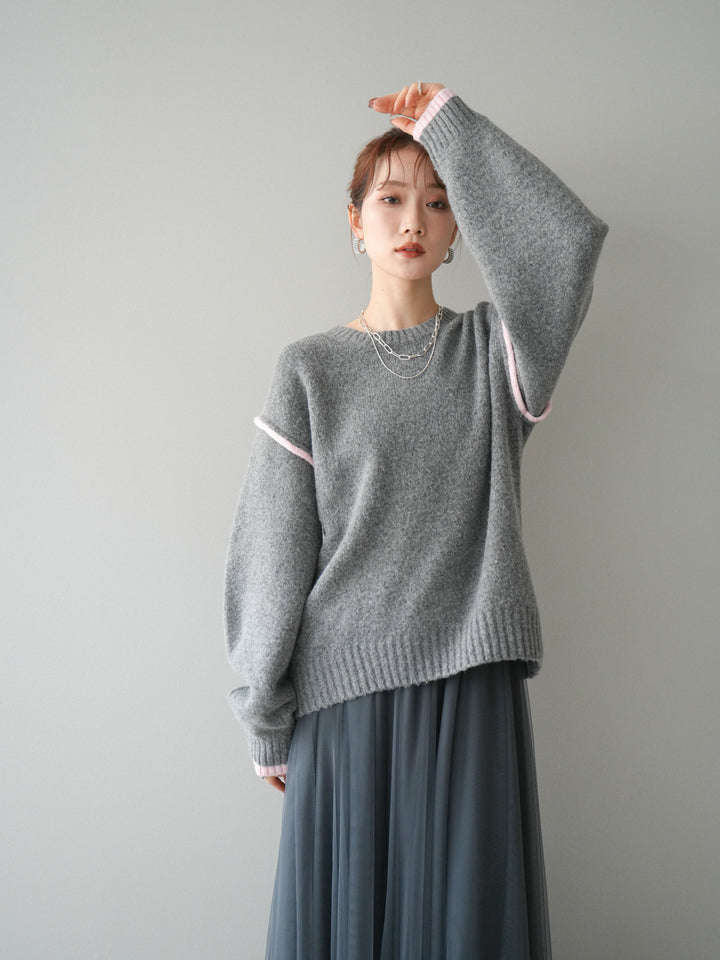 [予約]バイカラーパイピングニットプルオーバー/gray