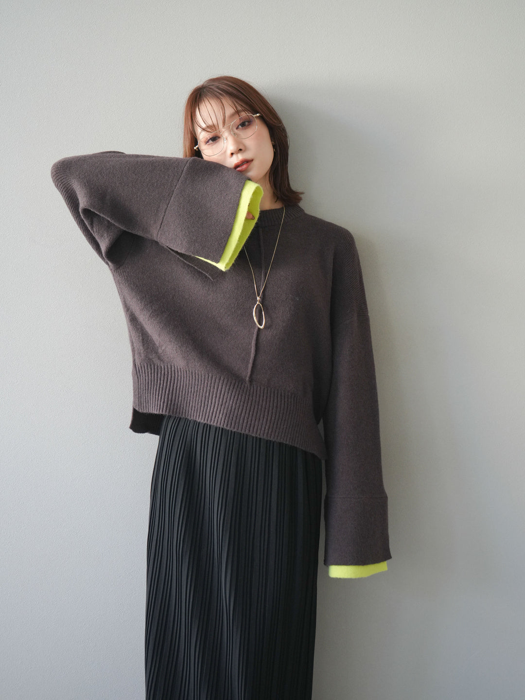 [予約]袖レイヤード配色ニットプルオーバー/brown