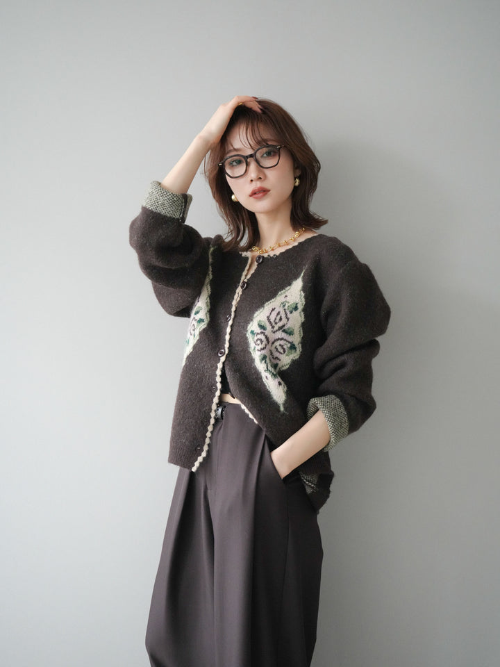 [予約]アンティークフラワージャガードニットカーディガン/brown