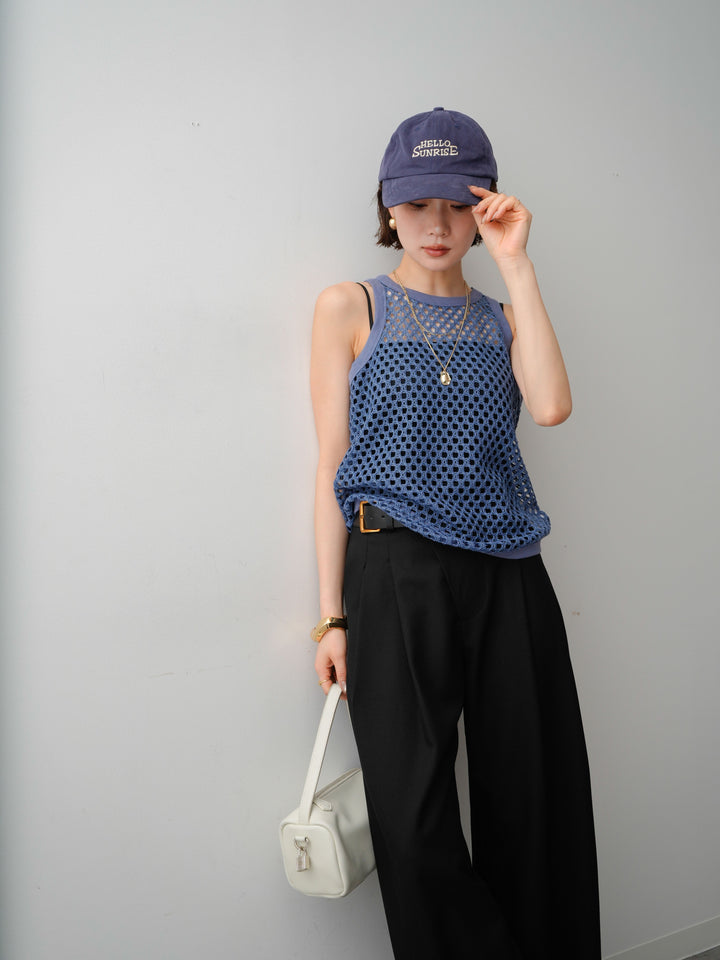 【套裝】羅紋邊網紗無袖上衣+不對稱繫帶寬褲（兩件套）