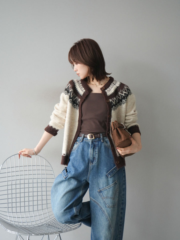 [SET]ノルディック柄ニットカーディガン+ペインターカーブデニムパンツ(2set)
