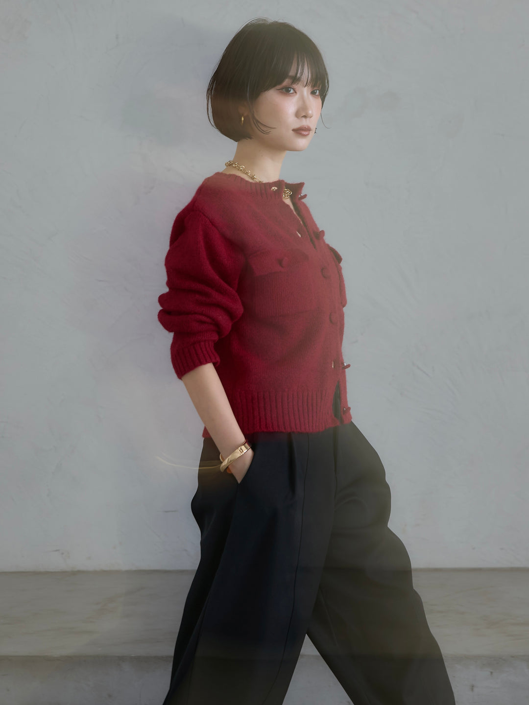 【預購】混紡馬海毛口袋開襟衫 / 紅色