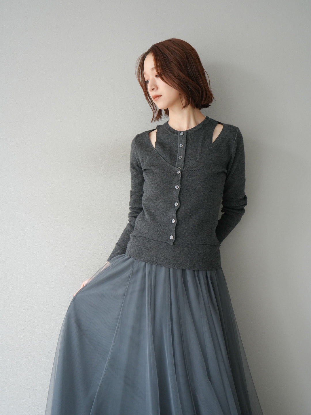 [予約]レイヤードデザインニットカーディガン/チャコール