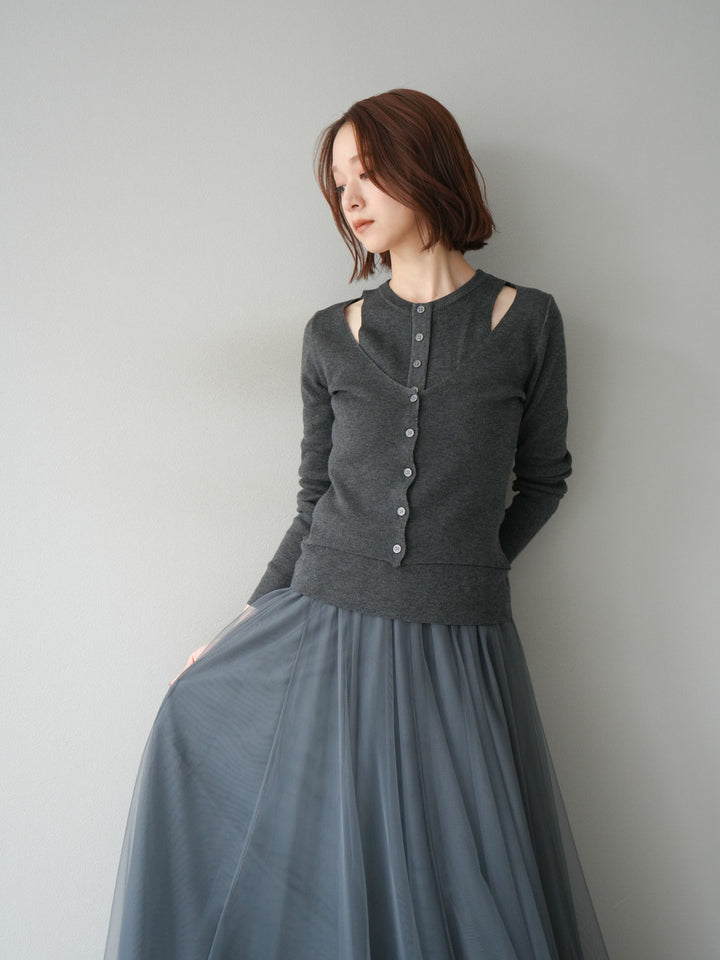 [予約]レイヤードデザインニットカーディガン/チャコール