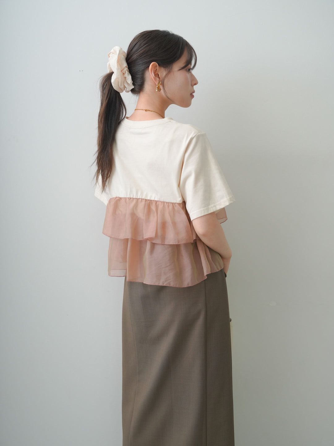 [SET]オーガンジーフリルドッキングTEE+クレープデシンフラップ付きストレートスカート(2set)
